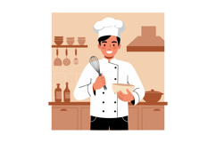 Chef cooking in kitchen holding whisk and bowl smiling in un Product Image 1