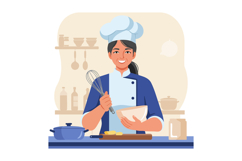 Female Chef Cooking in Kitchen Wearing White Hat and Blue Un Product Image 1