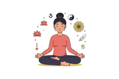 Woman meditating in lotus pose with spiritual symbols and fl Product Image 1