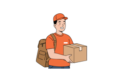 Delivery man holding cardboard box in orange uniform with ba Product Image 1