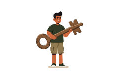 Boy Holding Large Wooden Key Illustration with Casual Clothe Product Image 1