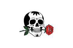 Human skull holding red rose in mouth with black and white f Product Image 1
