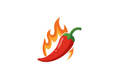 Red chili pepper with green stem and bright orange flames in Product Image 1