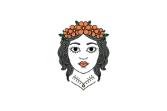 Female face with black wavy hair and orange flower crown det Product Image 1