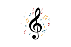 Large black treble clef symbol surrounded by colorful musica Product Image 1