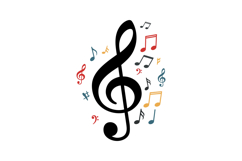 Large black treble clef surrounded by colorful musical notes Product Image 1