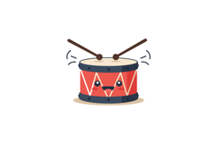 Red cartoon drum with smiling face and drumsticks beating fl Product Image 1