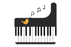 Small yellow bird singing on black grand piano keys with mus Product Image 1