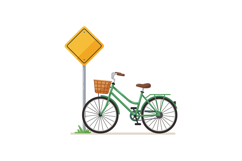 Green vintage bicycle with brown basket and seat leaning nea Product Image 1