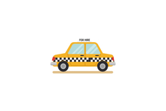 Yellow taxi car with checkered stripe and for hire sign flat Product Image 1