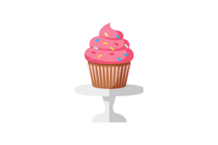 Pink frosted cupcake with colorful sprinkles on white cake s Product Image 1