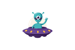 Friendly one-eyed alien waving from purple flying saucer in Product Image 1