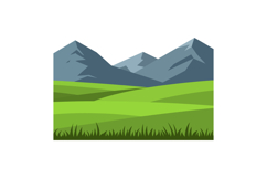 Green rolling hills with sharp mountain peaks under clear sk Product Image 1