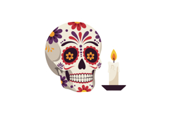 Decorative sugar skull with colorful floral patterns and lit Product Image 1