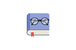 Blue closed book with red bookmark and round black eyeglasse Product Image 1