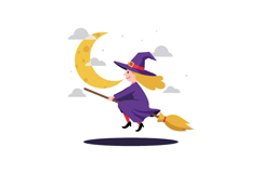Young witch flying on broomstick under crescent moon with cl Product Image 1