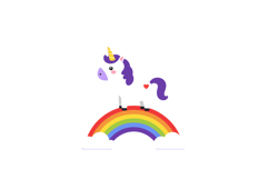 Cute cartoon unicorn with purple mane standing on colorful r Product Image 1
