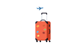 Orange suitcase with travel stickers and small airplane flyi Product Image 1