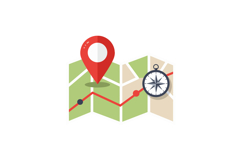 Folded map with red location marker and compass flat design Product Image 1