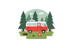 Red and white camper van parked in pine forest with campfire Product Image 1