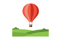 Red hot air balloon floating above green rolling hills in fl Product Image 1