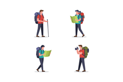 Four male hikers with backpacks trekking and using map and c Product Image 1