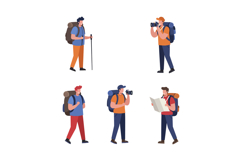 Five male hikers with backpacks using camera and map flat de Product Image 1