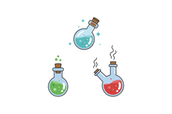 Three colorful chemical flasks with bubbling and steaming li Product Image 1