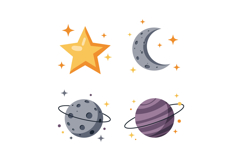 Cartoon style celestial bodies including star moon and plane Product Image 1