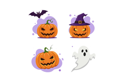 Halloween pumpkins with scary faces and ghost and bat flat c Product Image 1