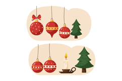 Red Christmas baubles and green pine trees with lit candle i Product Image 1