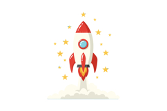 Red and white cartoon rocket launching with stars around in Product Image 1
