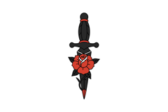 Black dagger piercing vibrant red rose with green leaves fla Product Image 1
