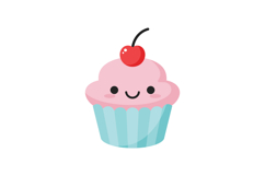 Cute smiling cupcake with pink frosting and cherry on top in Product Image 1