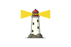 White lighthouse with red dome shining yellow light flat min Product Image 1
