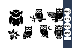 Stylized black owl silhouettes in various poses with leaves Product Image 1