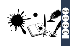 Ink splatter with paintbrush pen and open notebook vector il Product Image 1
