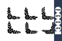 Floral black silhouette corner design elements with leaves a Product Image 1
