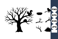 Bare tree silhouette with squirrels birds and leaf pile vect Product Image 1