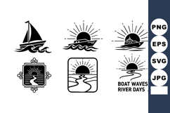 Boat waves and sun river days icons with sailing boat and su Product Image 1