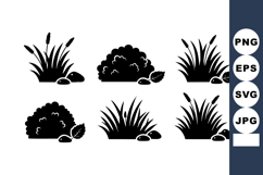 Black silhouette grass and bush vector icons with stones and Product Image 1