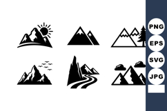 Mountain landscape icons set with sun, trees, birds, clouds, Product Image 1