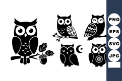 Black silhouette owls sitting on branches with acorn and cre Product Image 1