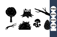 Black silhouette tree stump branch bush mushroom and pine co Product Image 1