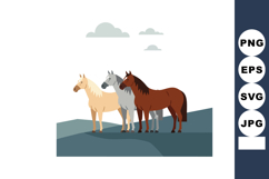 Three Horses Standing Together on Hill Under Cloudy Sky Vect Product Image 1