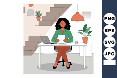 Woman Sitting at Desk Working with Laptop and Papers in Mode Product Image 1