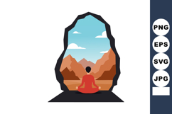 Person Meditating in Cave Overlooking Mountain Landscape wit Product Image 1