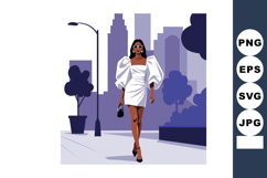 Woman in white dress walking city street with skyscrapers an Product Image 1