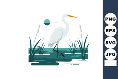White heron standing in swamp with reeds and water plants ve Product Image 1