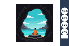 Person meditating by ocean viewed from dark cave entrance wi Product Image 1